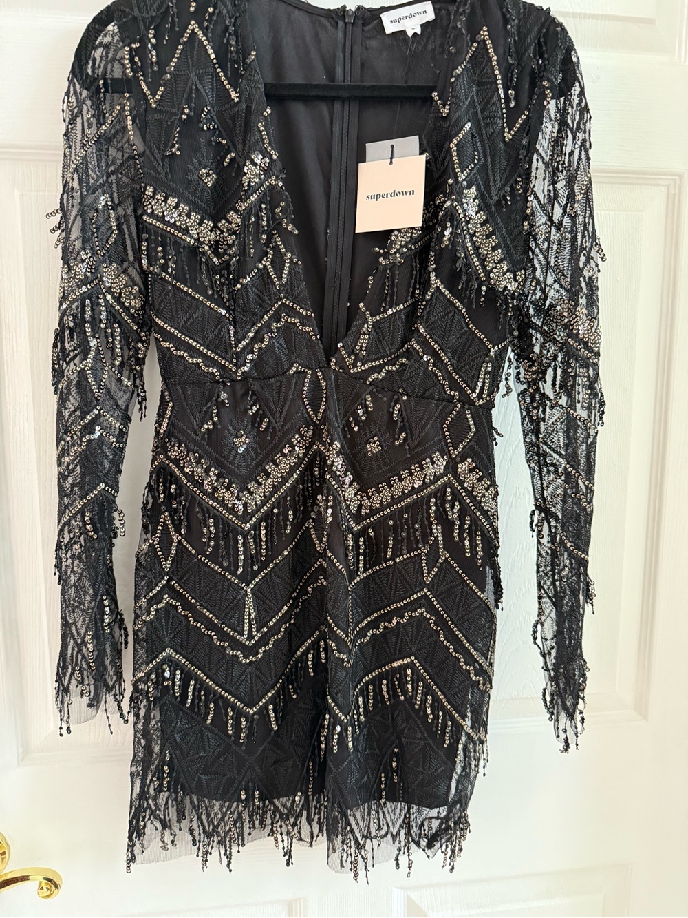 superdown Black Beaded Fringe Mini Dress